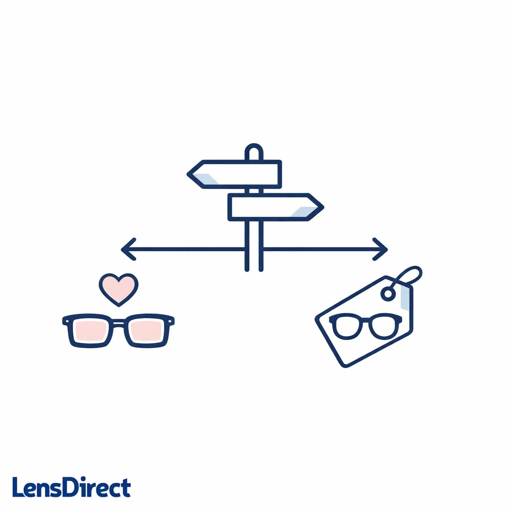 A forked path diagram shows choosing lens replacement for loved frames or new frames for worn ones.