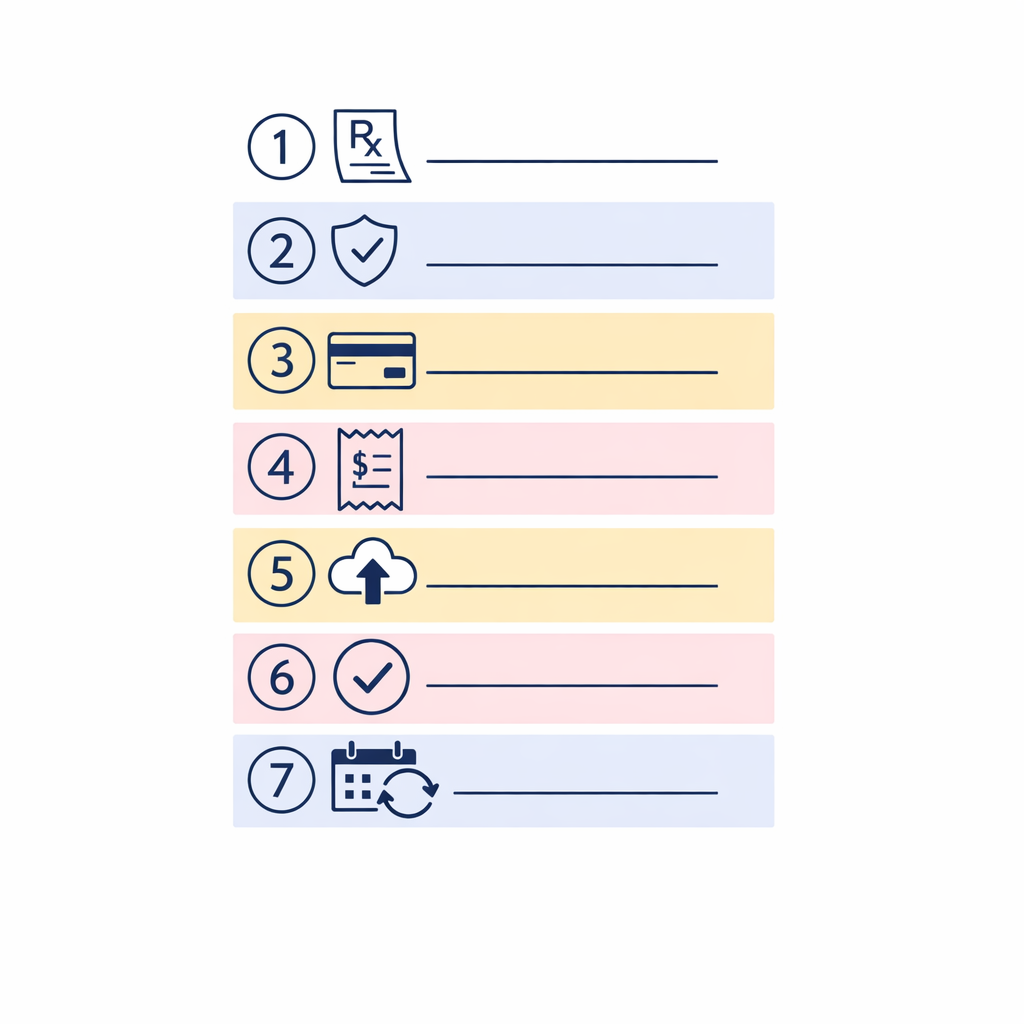 A clean seven-step checklist summarizing prescription, benefits, payment, receipt, claims, eligibility, and reorder rhythm.