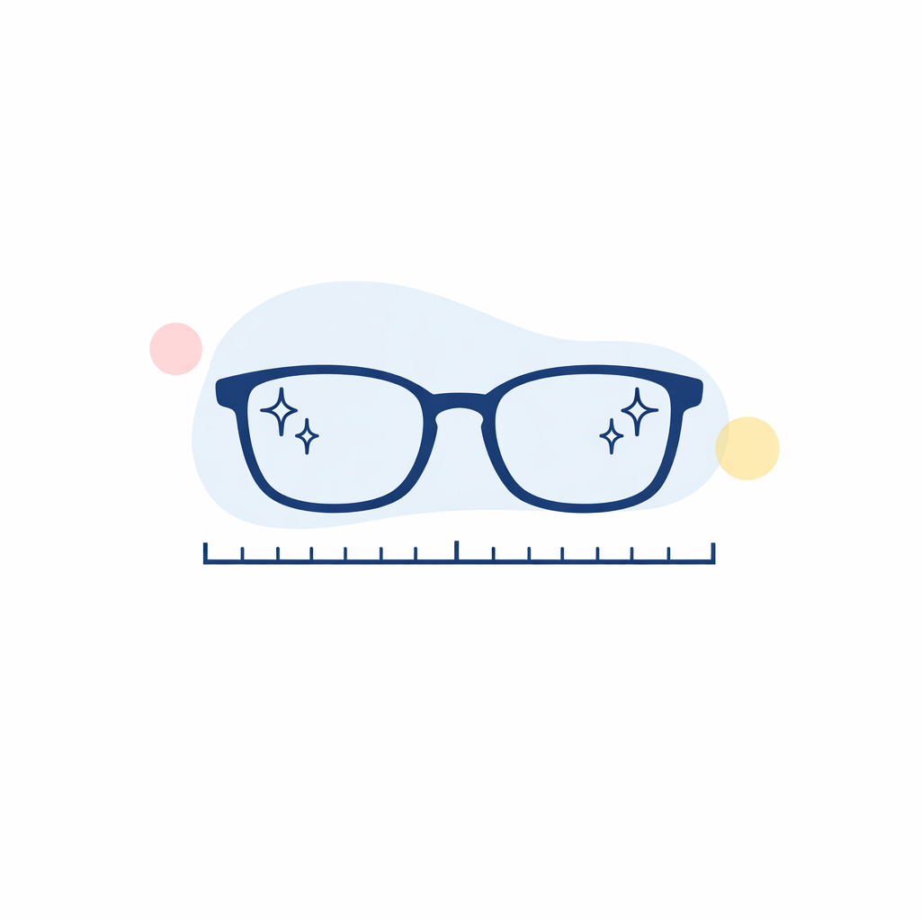Eyeglasses with sparkle lines and a simple fit ruler showing comfort and clarity in a minimal style.