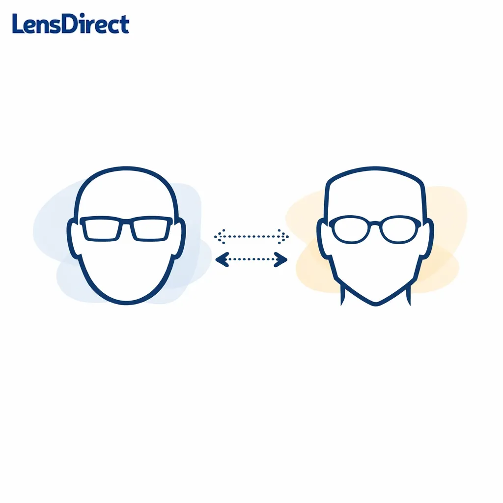 Two side-by-side panels show curved features balanced by angular frames and angular features balanced by round frames.