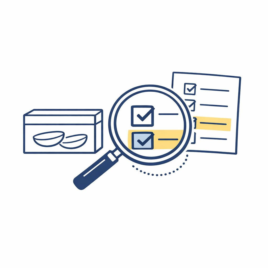 A magnifying glass highlights a product card and rebate terms checklist.