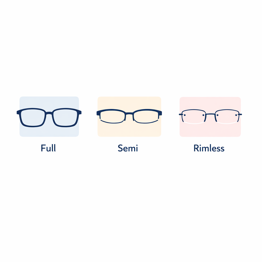 Three simplified frame icons comparing full-rim, semi-rimless, and rimless mounting styles.