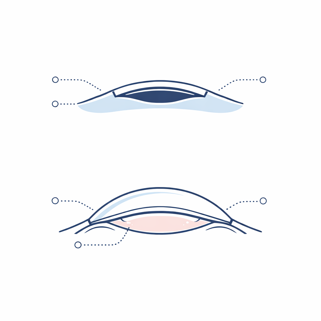 Simple cross-sections comparing a hybrid lens with a soft skirt and a scleral lens vaulting over the cornea.