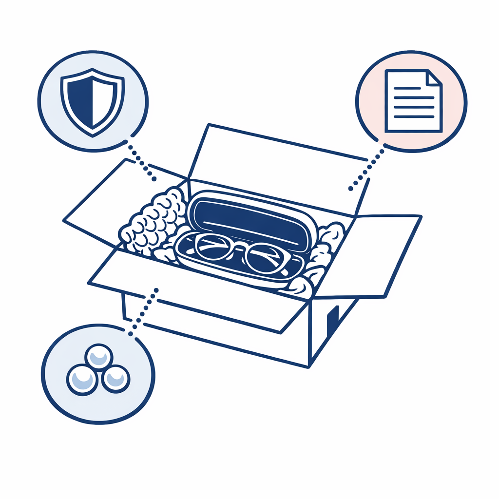 A packing diagram shows frames in a hard case, padded, and placed in a sturdy box.