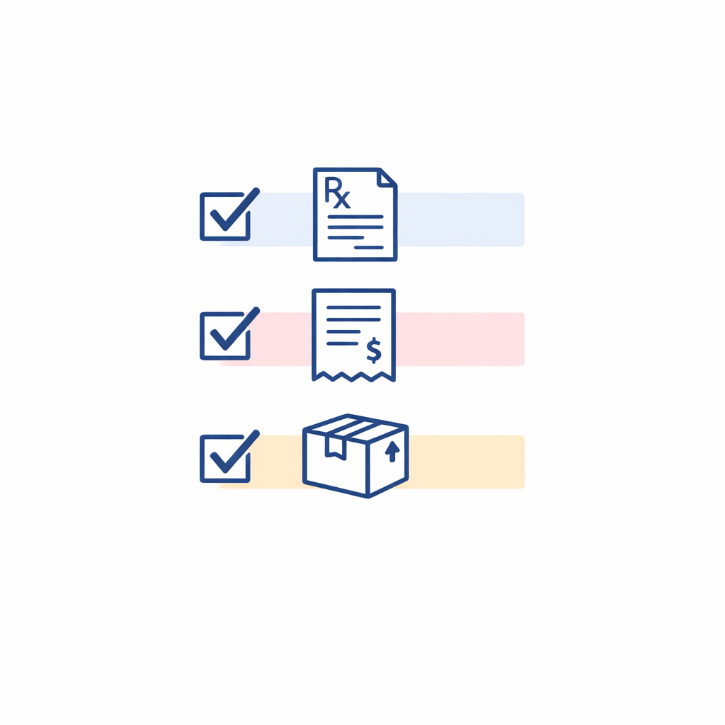 A clean checklist of the three key documents: prescription, itemized receipt, and order confirmation.
