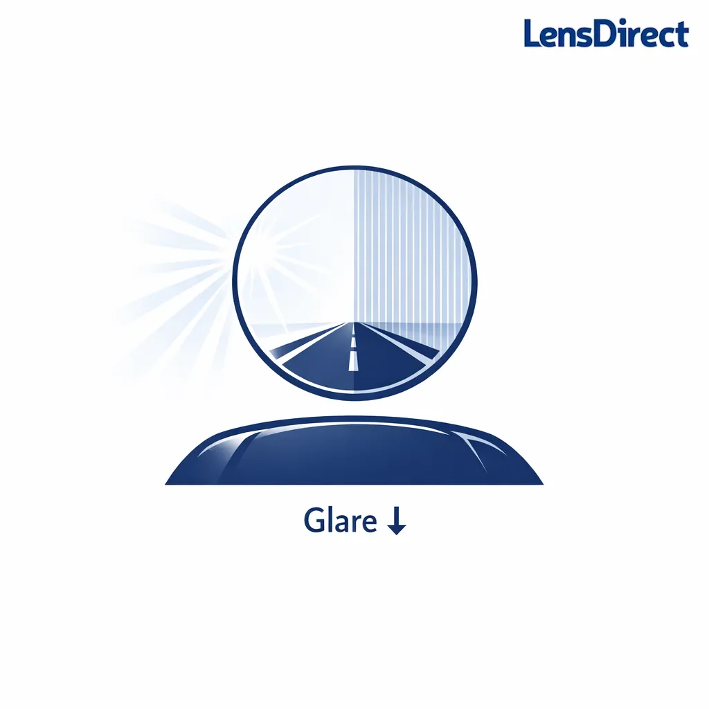 A road and car hood reflection is shown with glare lines reduced by a polarized lens filter icon.