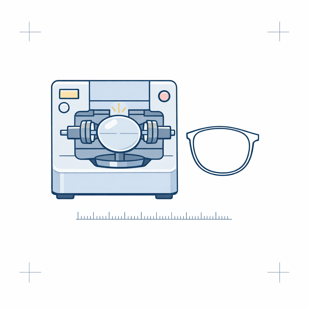 A lab-style edging machine cuts a lens blank to match a frame shape with alignment marks.