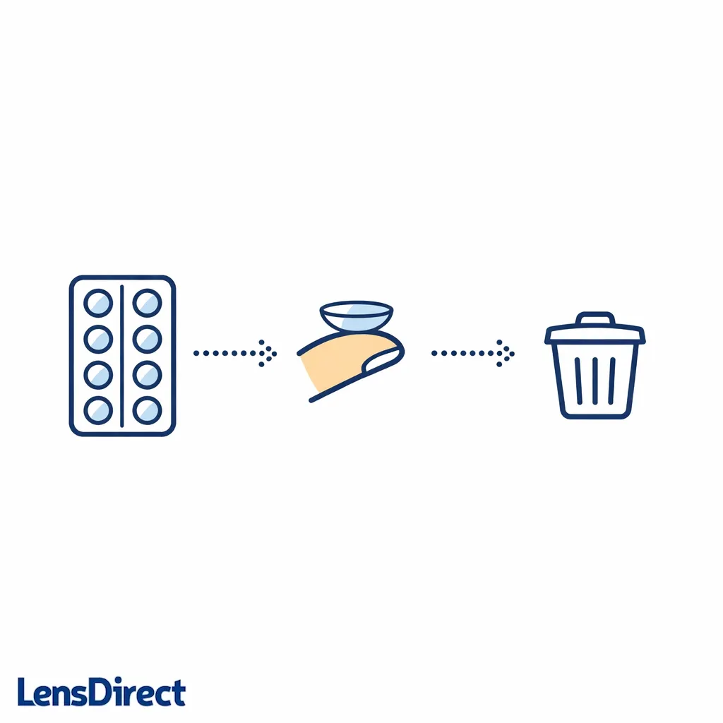 Three-step diagram showing open blister pack, lens on fingertip, and discard into a small bin icon.