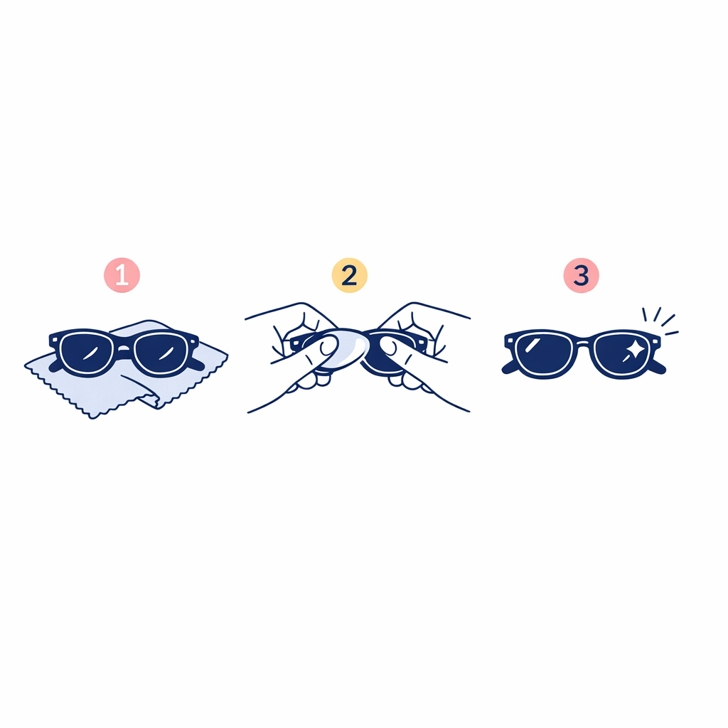 Three step icons show how to pop out and pop in sunglass lenses using even pressure on a soft cloth.
