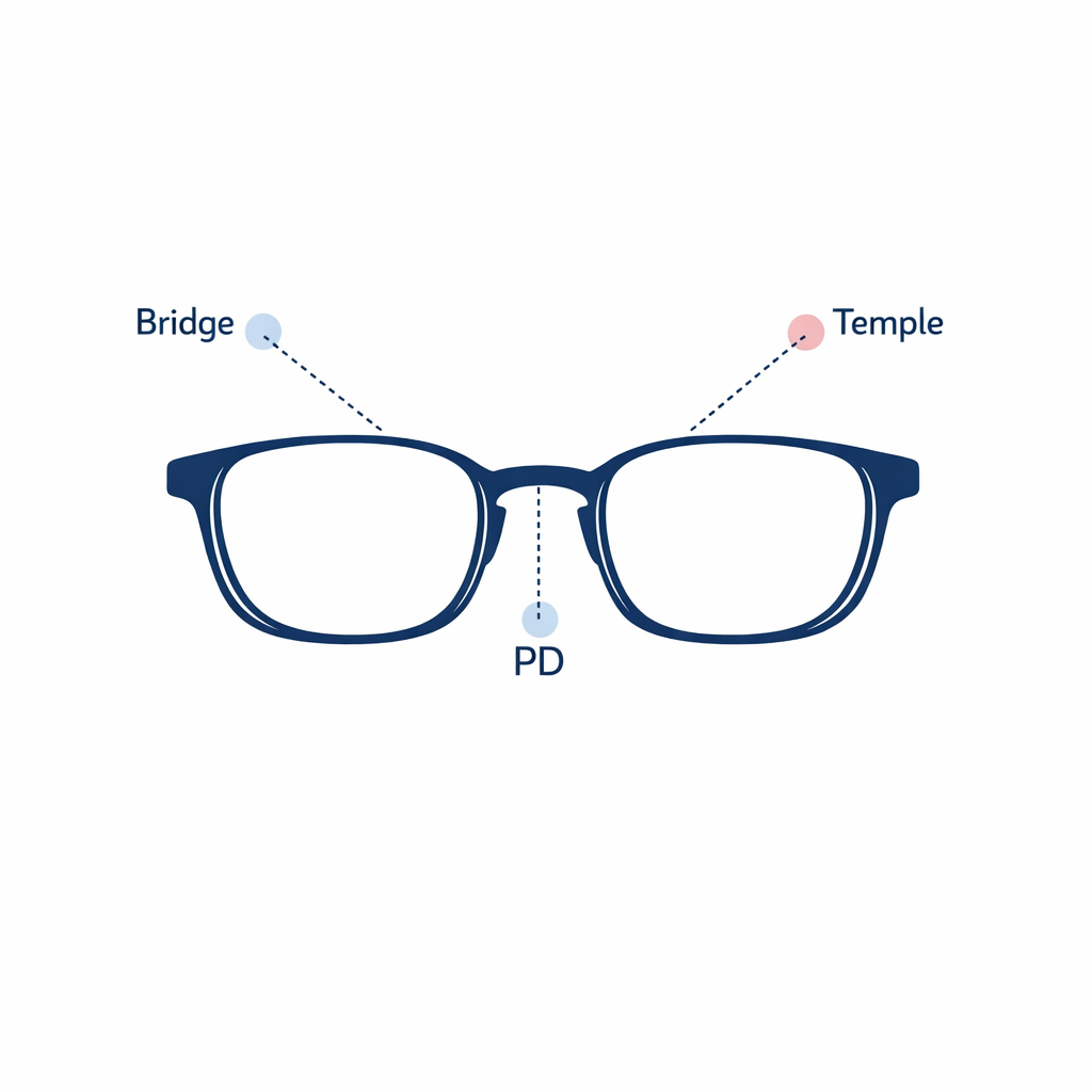 A glasses diagram highlights key fit points like bridge, temple, and width alignment with dotted callouts.