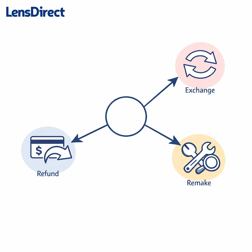 Three branching arrows lead to refund, exchange, or remake options illustrated with simple icons.