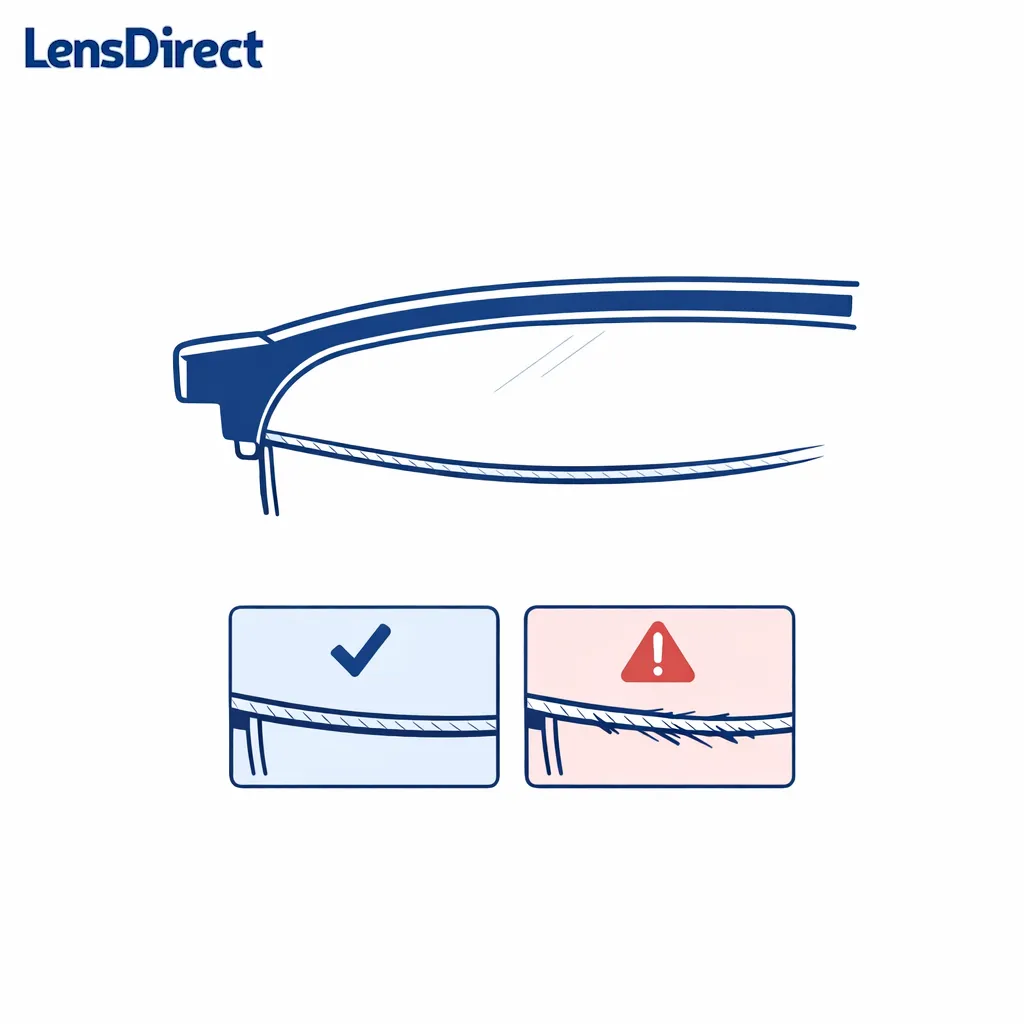 A close-up of a semi-rimless lens edge showing the cord and groove with indicators for fraying and proper tension.