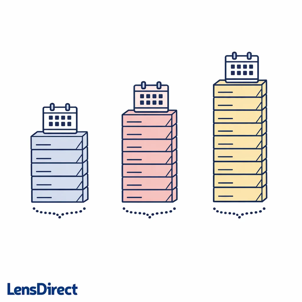 Stacked boxes illustrate how a year supply can vary by lens type without showing specific brands.