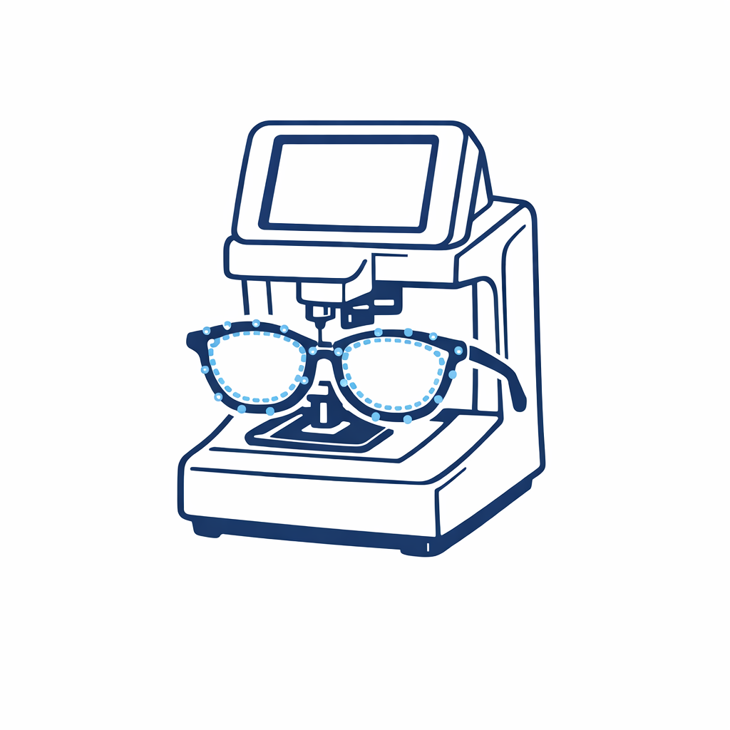 A tracer outlines the frame shape to capture lens geometry for precise edging.