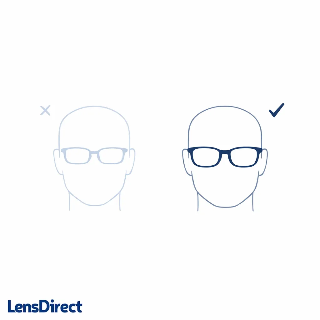 A face and glasses overlay shows ideal frame width aligning near the outer edges of the face without squeezing.