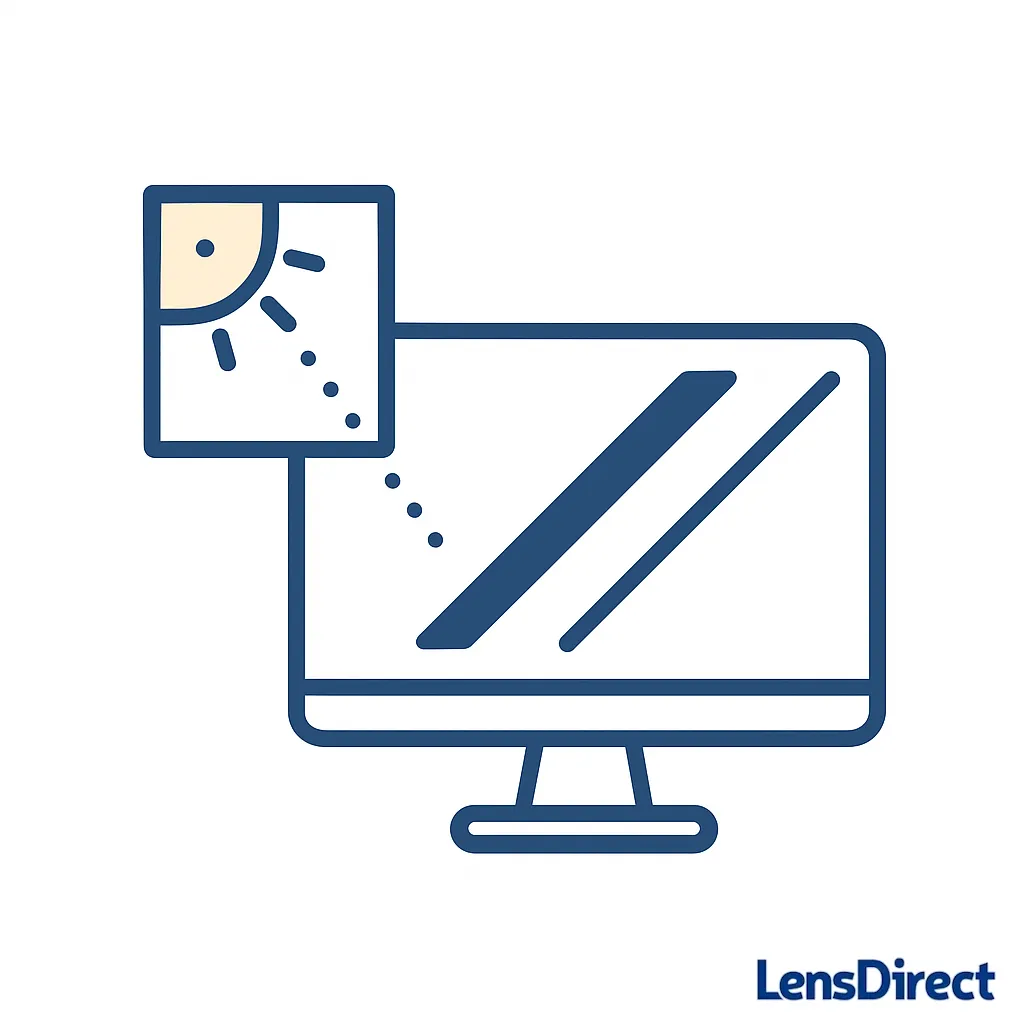 Monitor with a diagonal glare streak and a window icon to the side showing reflection cause.