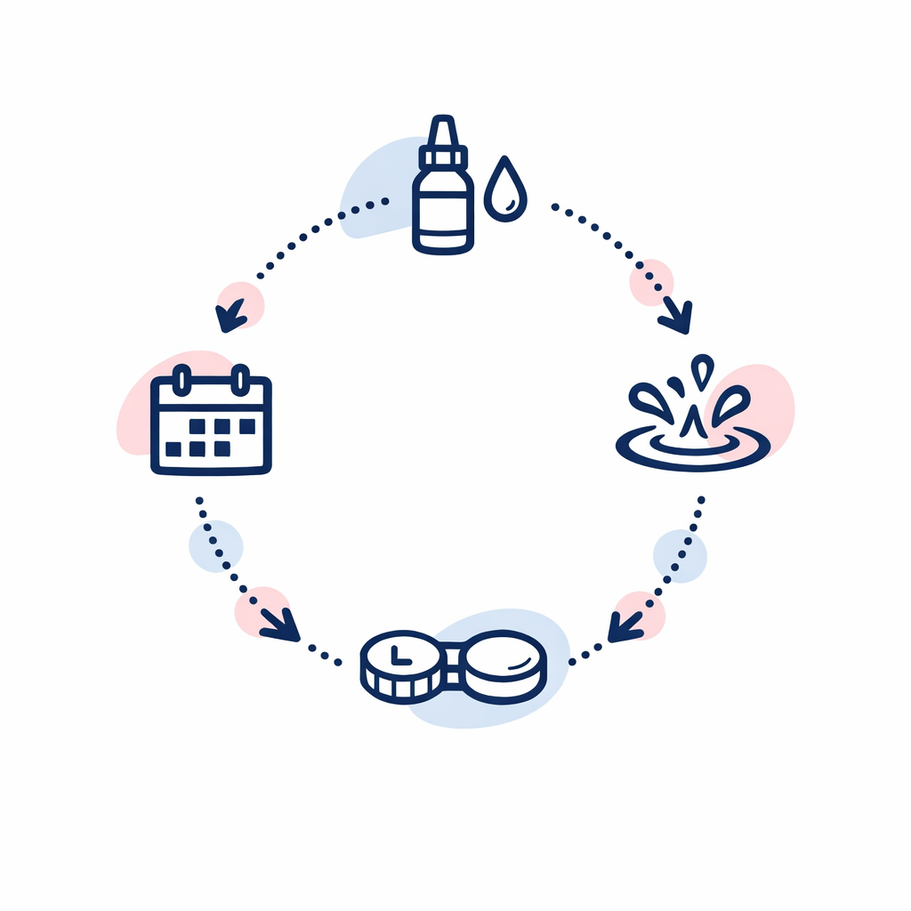 Circular routine graphic showing clean, rinse, store, and replace with a calendar icon for timing.