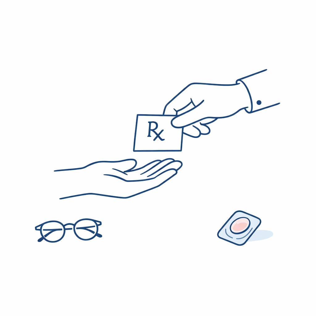 A prescription document being handed to a shopper, emphasizing keeping a copy for online ordering.