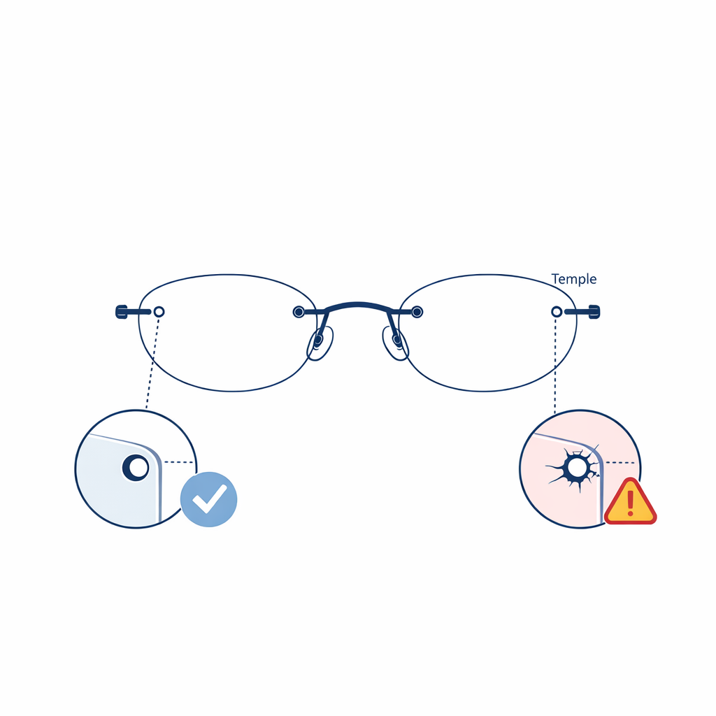 A rimless glasses diagram showing screws and posts with attention to chips near drill holes.