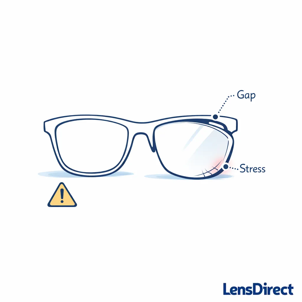 A lens slightly mismatched to a frame shows gaps and stress marks as a cautionary visual.
