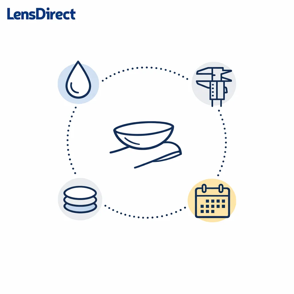 A contact lens icon surrounded by four small symbols suggests dryness, fit, material, and wear schedule factors.