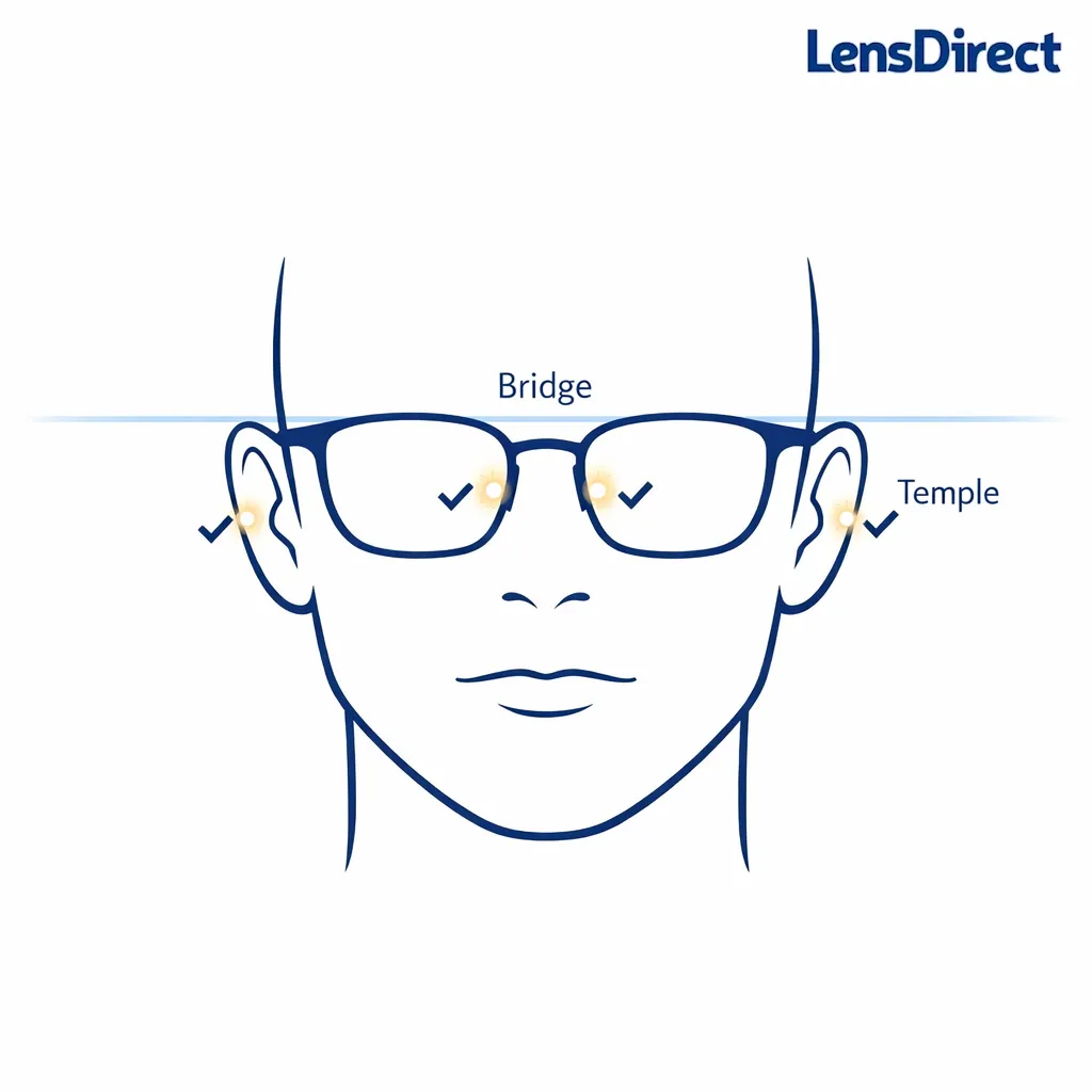 A simple face outline with glasses showing level alignment and comfort points at nose and ears.