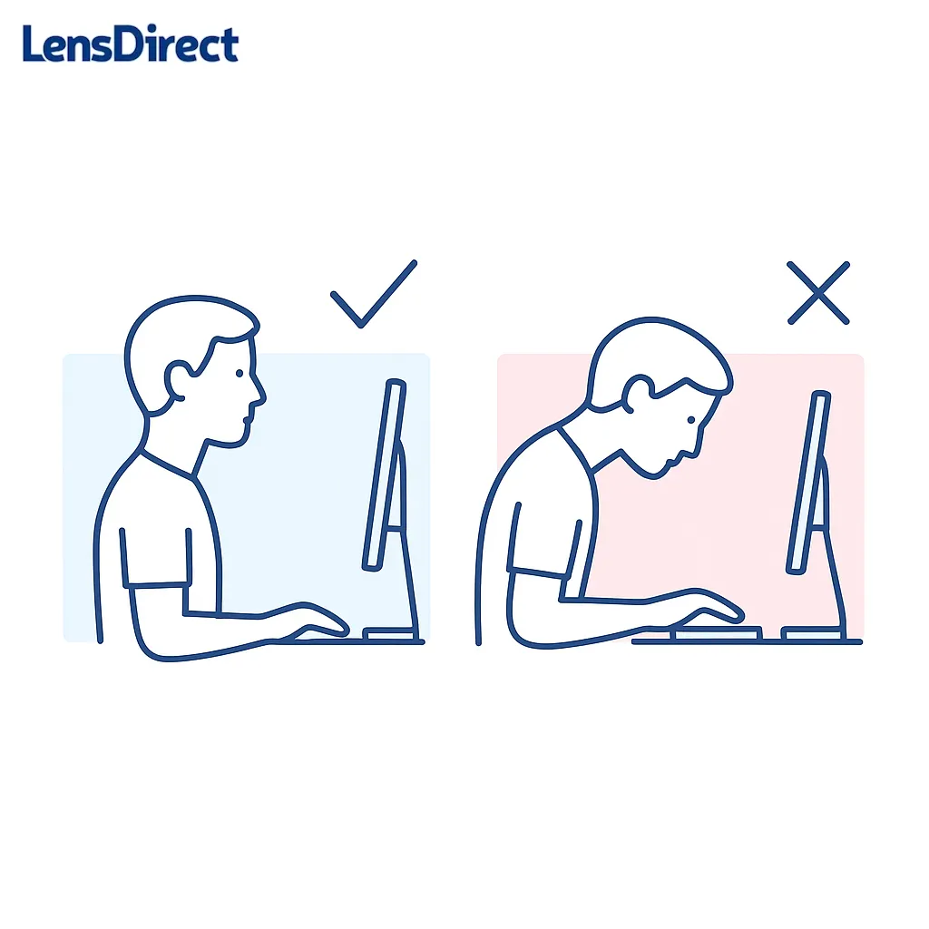 Side-view seated figure at a desk with two posture options, aligned vs craning forward.