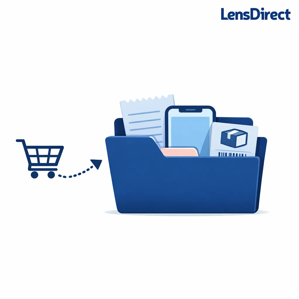 A folder holds an invoice, screenshot, and small box panel to represent proof saved right away.