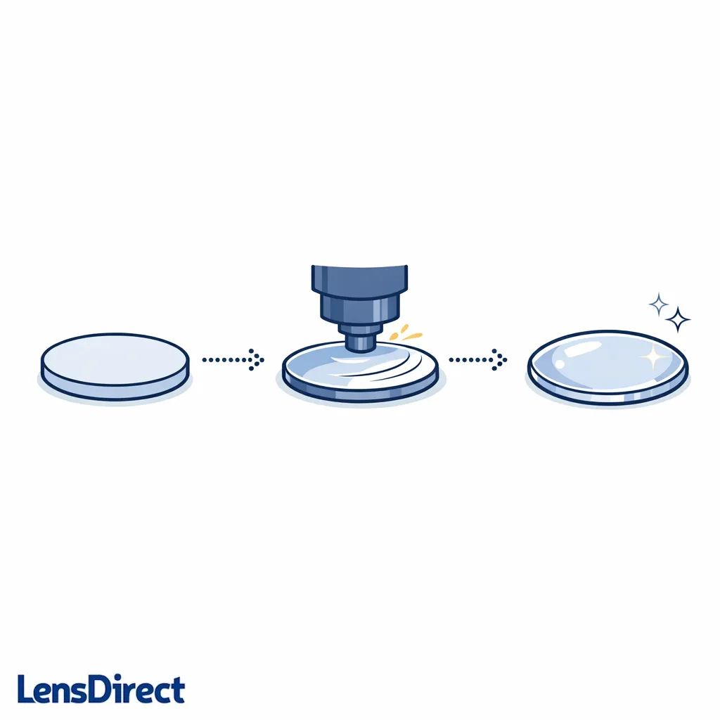 A lens blank becomes a finished lens through curved shaping and polishing steps.