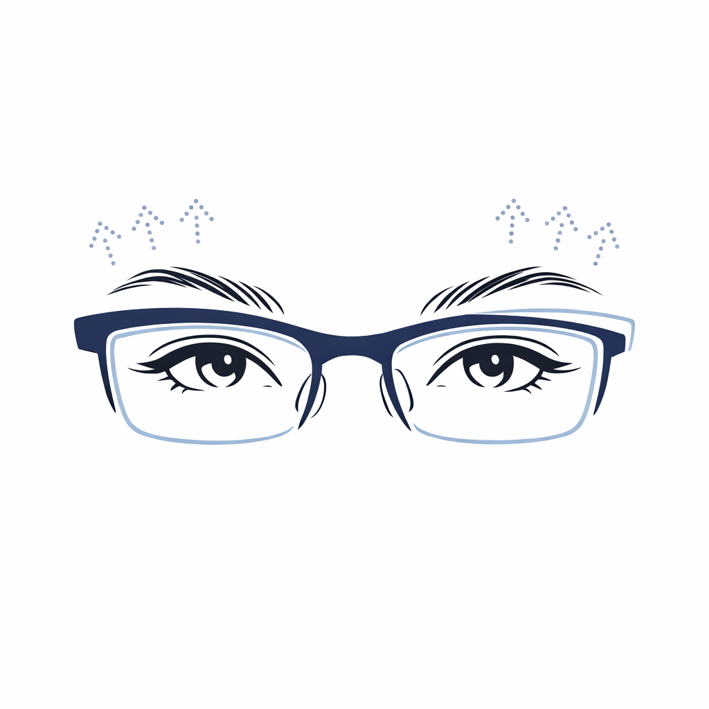 A close-up glasses top line illustration shows how a stronger brow line draws attention upward.