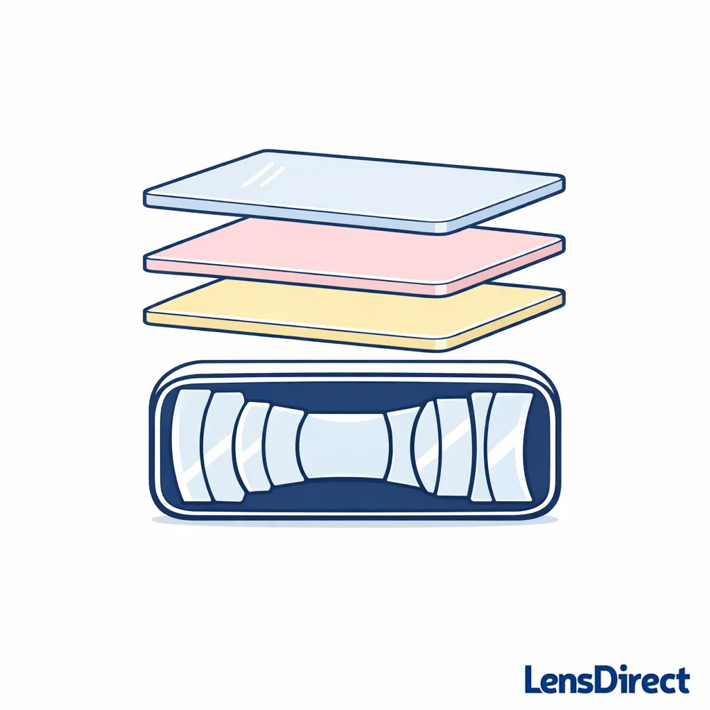 A cutaway lens shows thin layers for anti-reflective and scratch-resistant coatings.