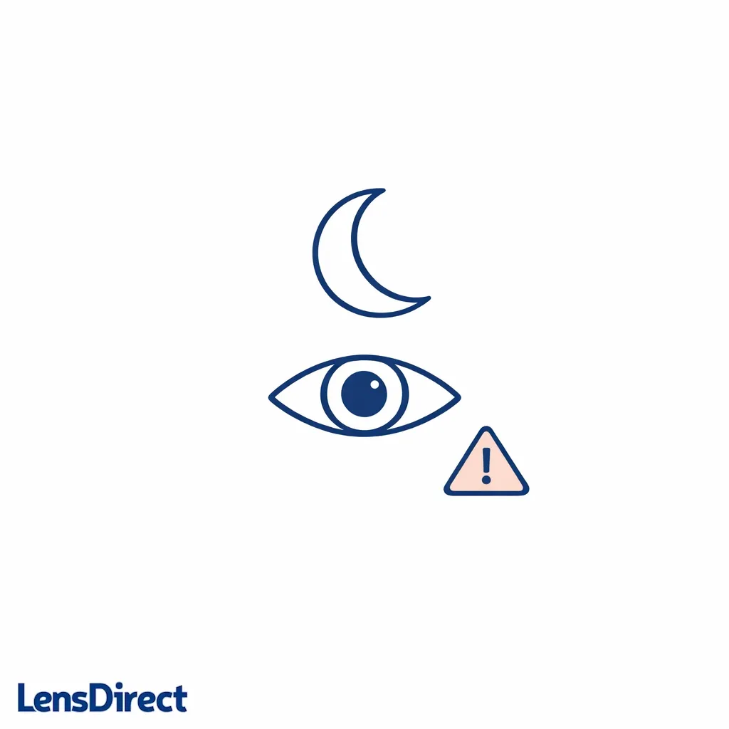 Moon-and-eye icon paired with a subtle warning symbol to suggest discussing overnight wear with an eye doctor.