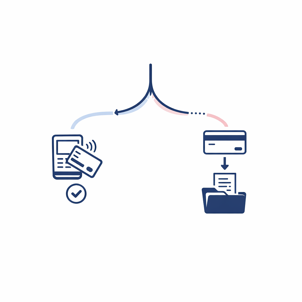 Two routes showing pay at checkout with a benefits card or pay now and reimburse later with a receipt.