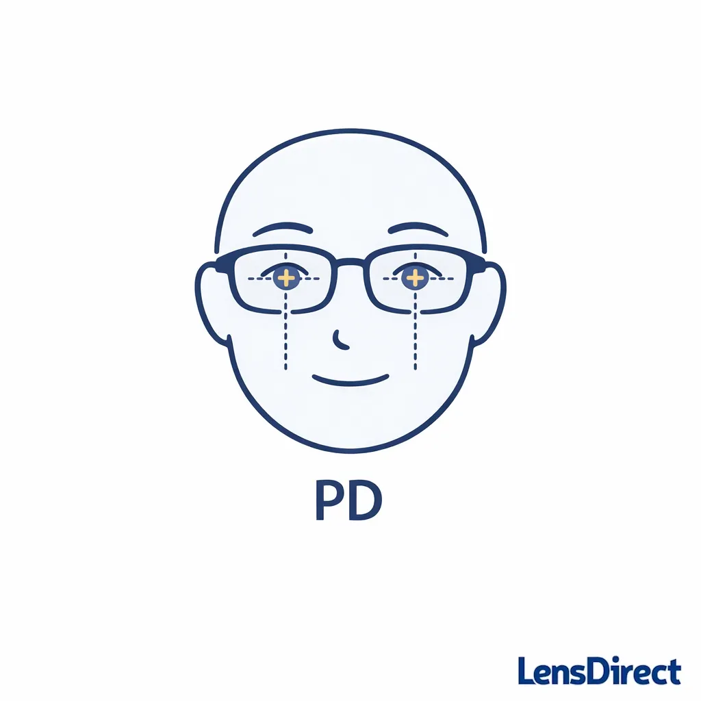A face and glasses diagram shows PD points aligning with lens centers for comfortable vision.