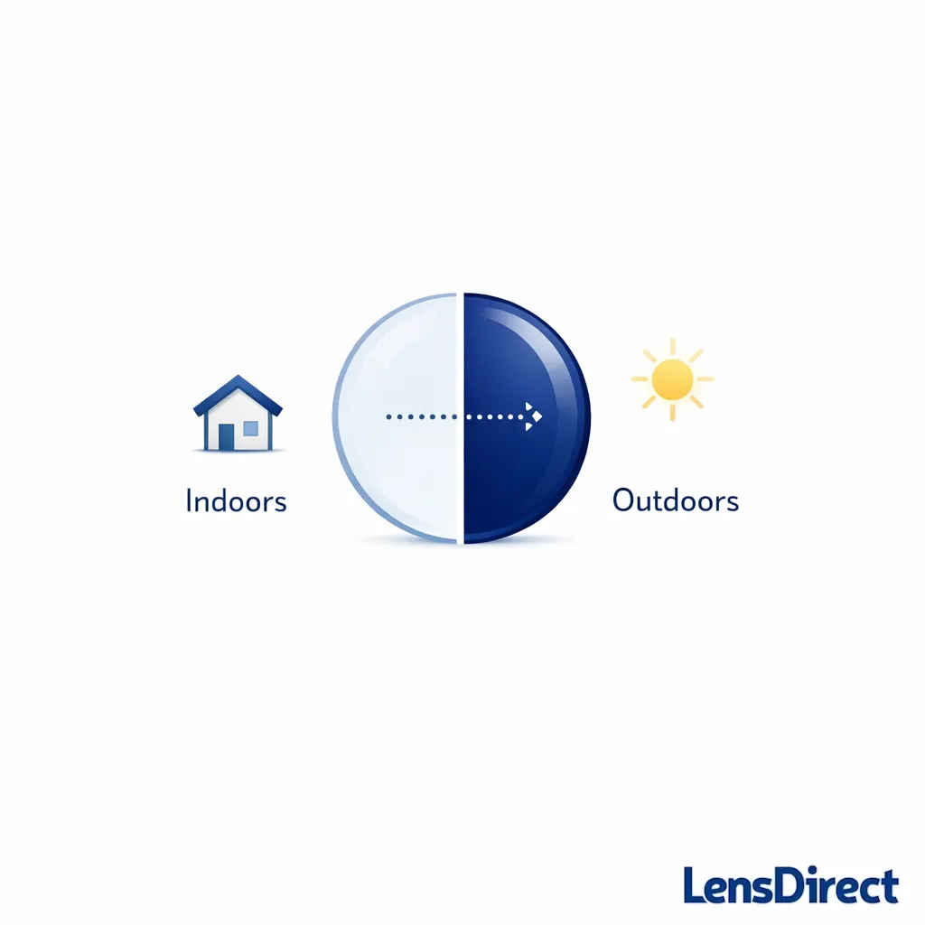 A single lens transitions from clear indoors to darker outdoors with a sun and house icon.