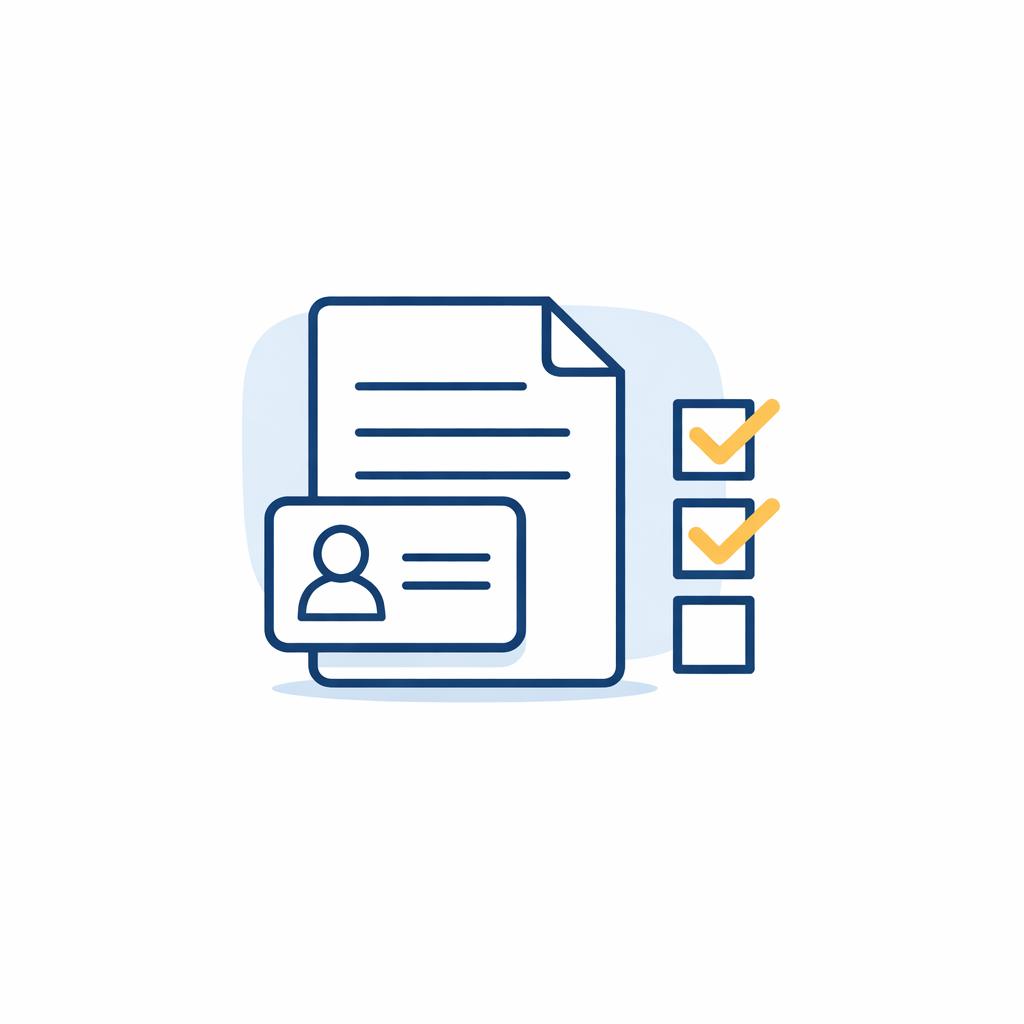 A document and ID card with checkboxes indicating required proof items for verification.