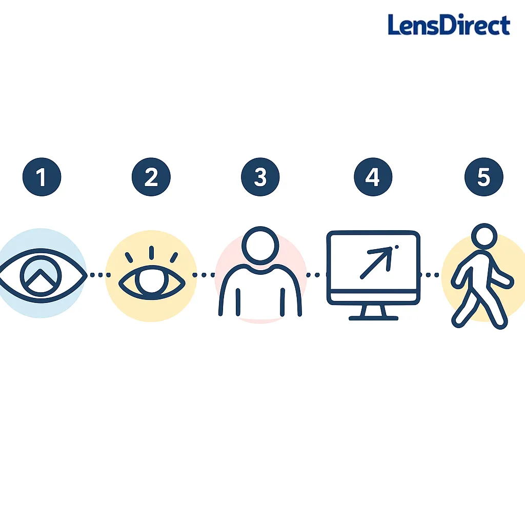 Five simple icons in a row showing distance look, blinks, posture reset, glare tweak, and short walk.