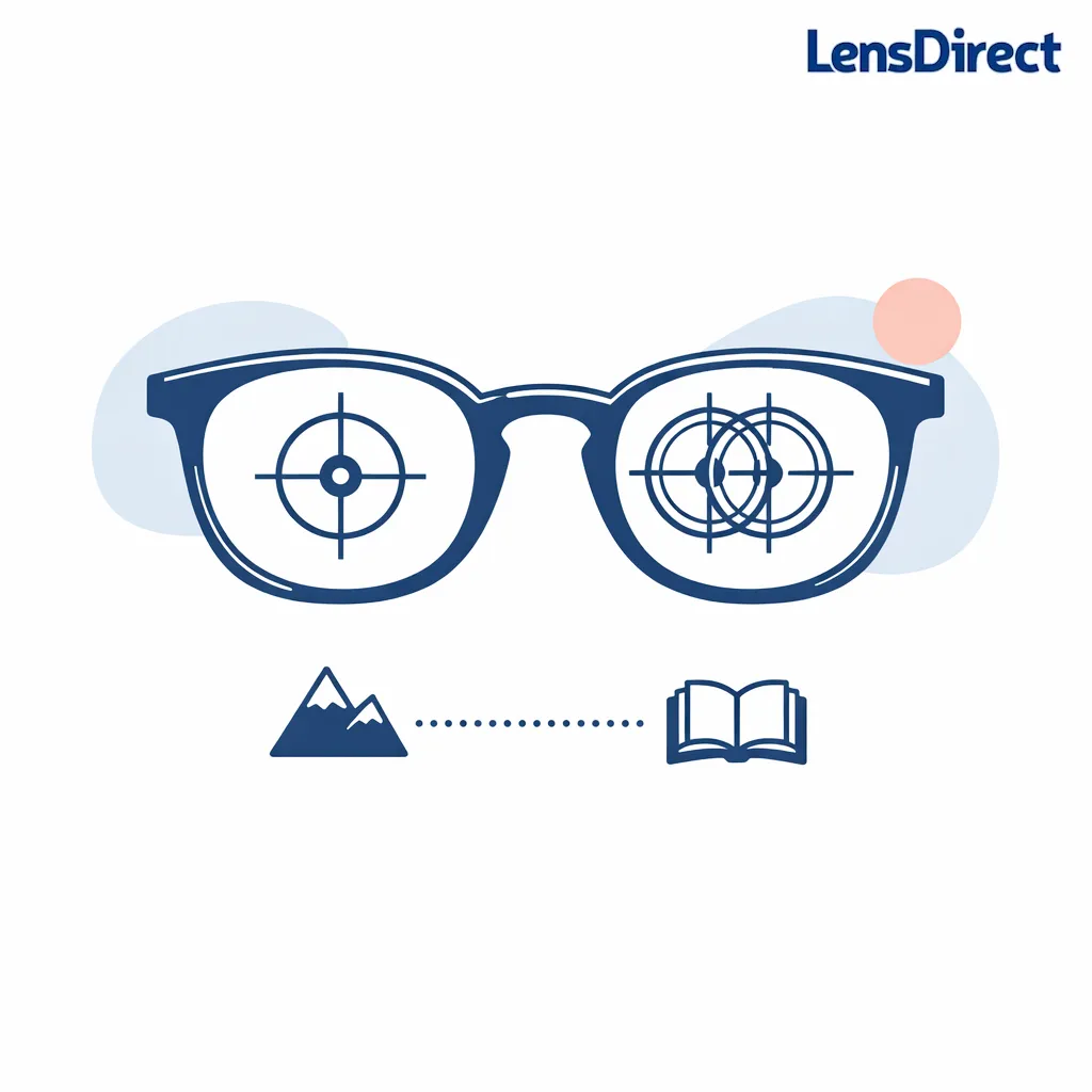 Glasses with a split view and a near-vs-far target illustrates quick self-checks for blurry vision.