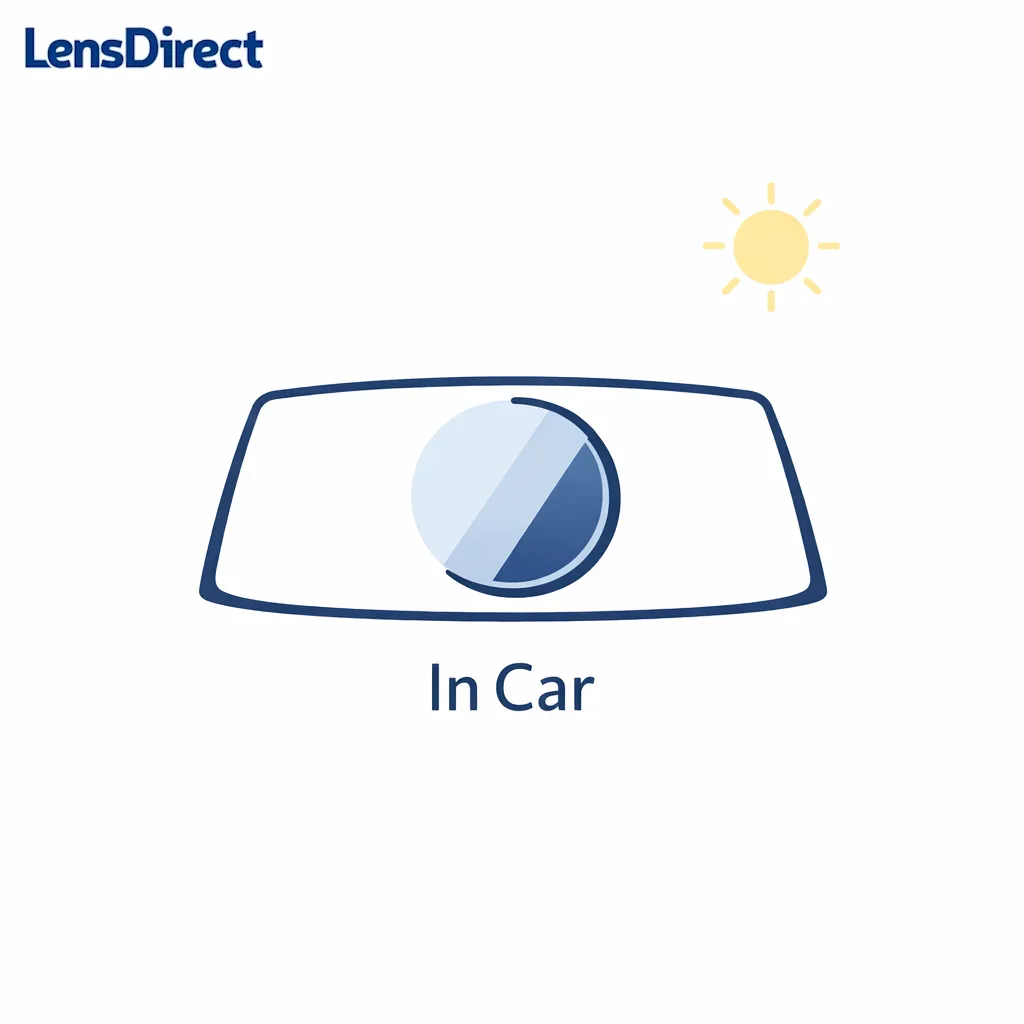 A windshield outline and lens icon show a photochromic lens still darkening while inside a car.