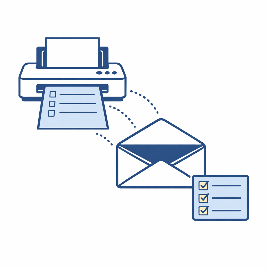 A printer outputs a rebate form that slides neatly into an envelope with a checklist beside it.