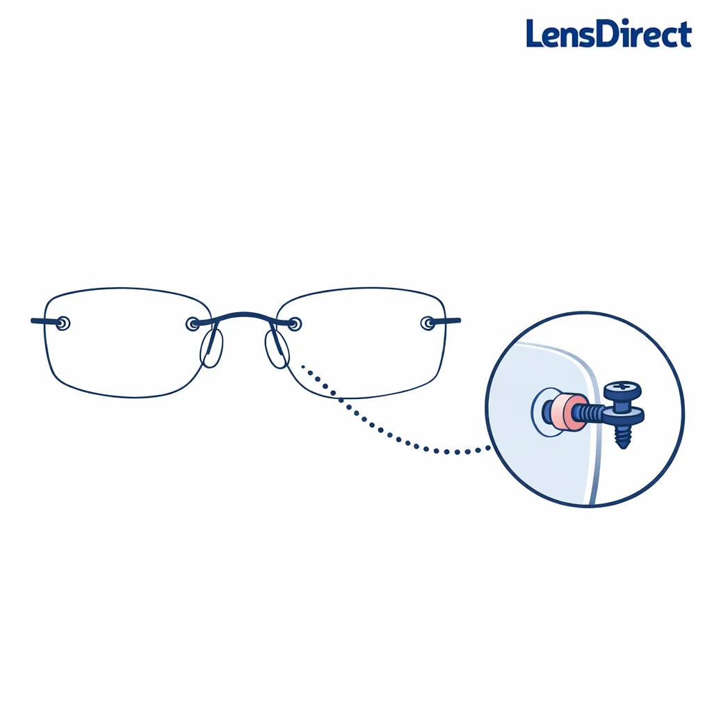 A rimless frame diagram highlights drilled lens holes and tiny hardware alignment points.