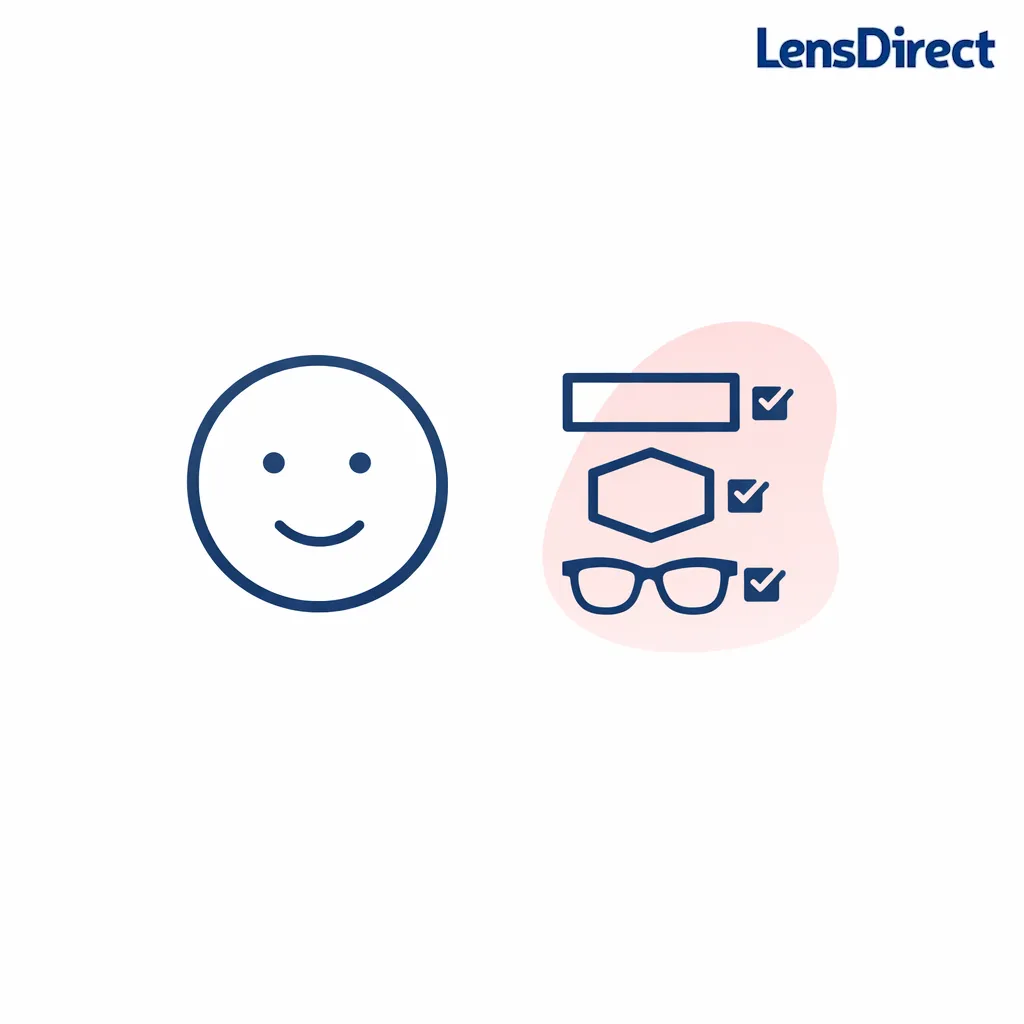 A round face icon is paired with three recommended frame shapes: rectangle, geometric, and browline.