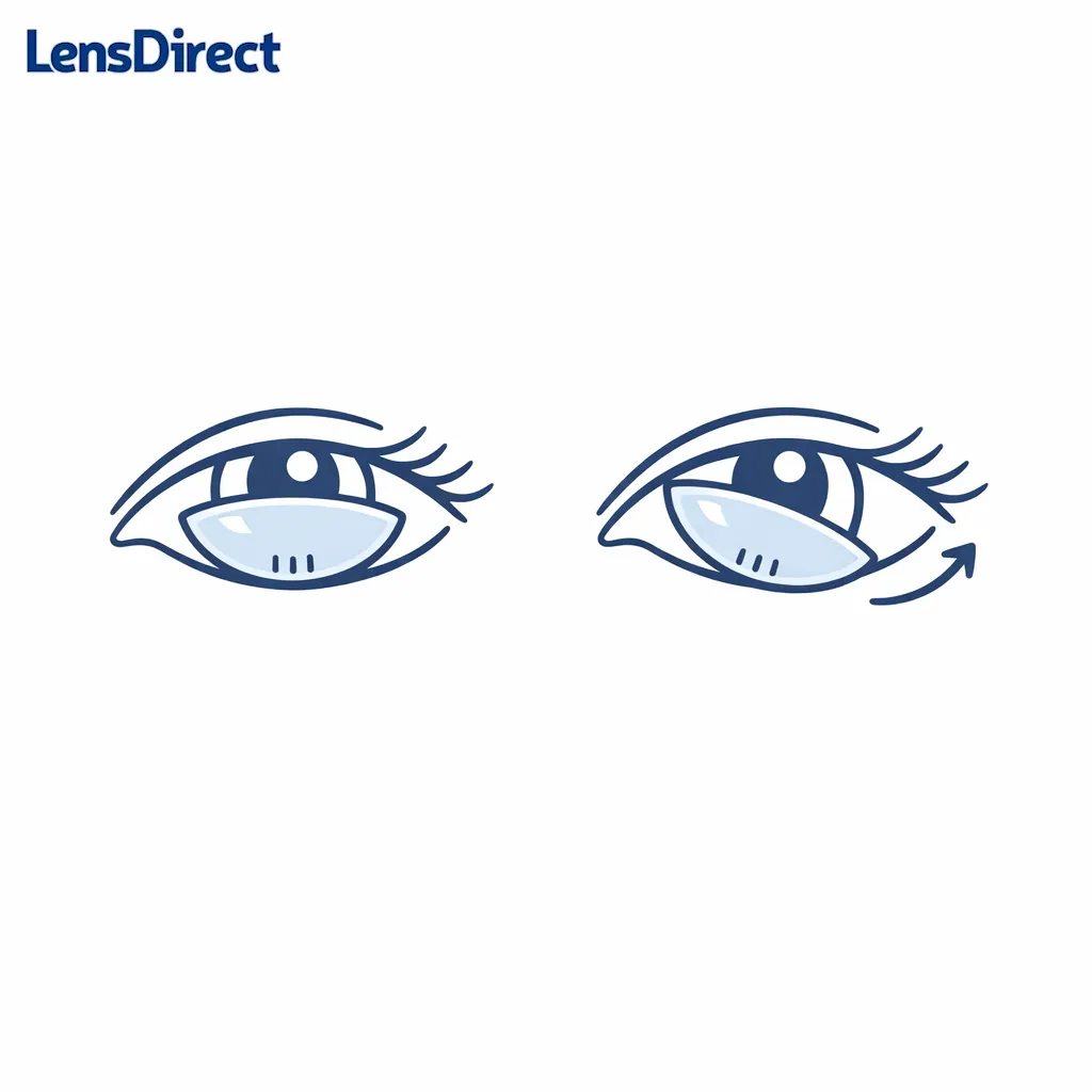 Eye diagram with a toric lens and alignment marks showing stable versus rotated orientation.