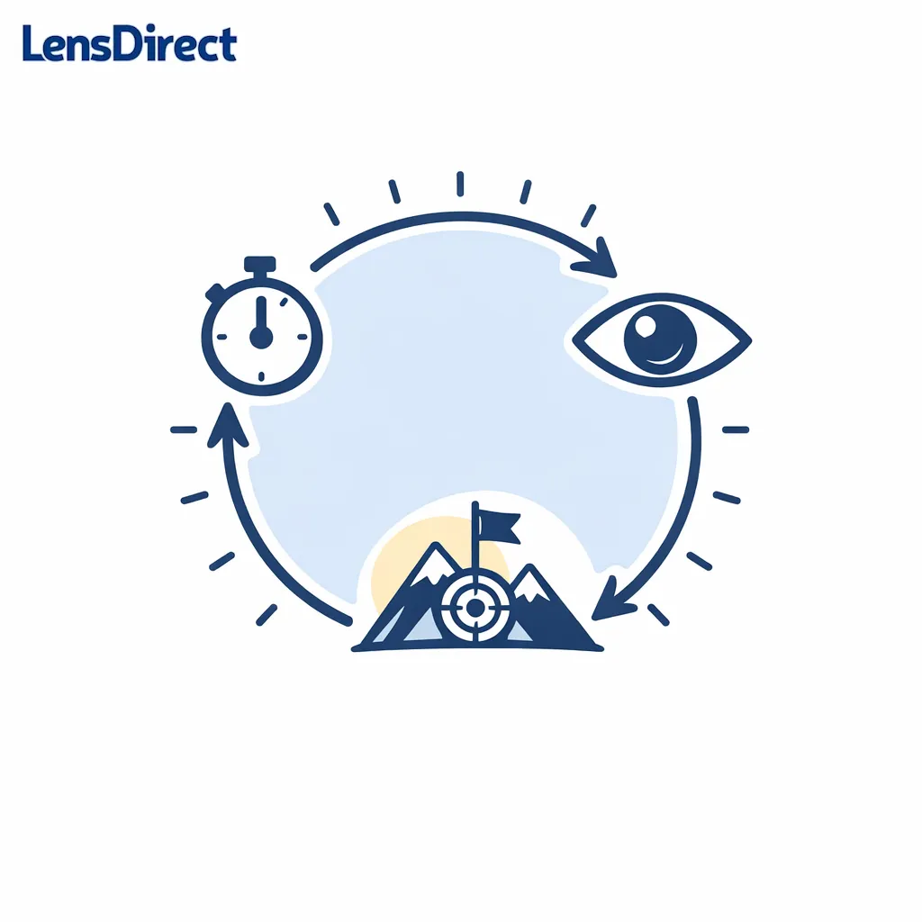 Simple timer, distant target, and eye icons arranged in a loop representing the 20-20-20 break routine.