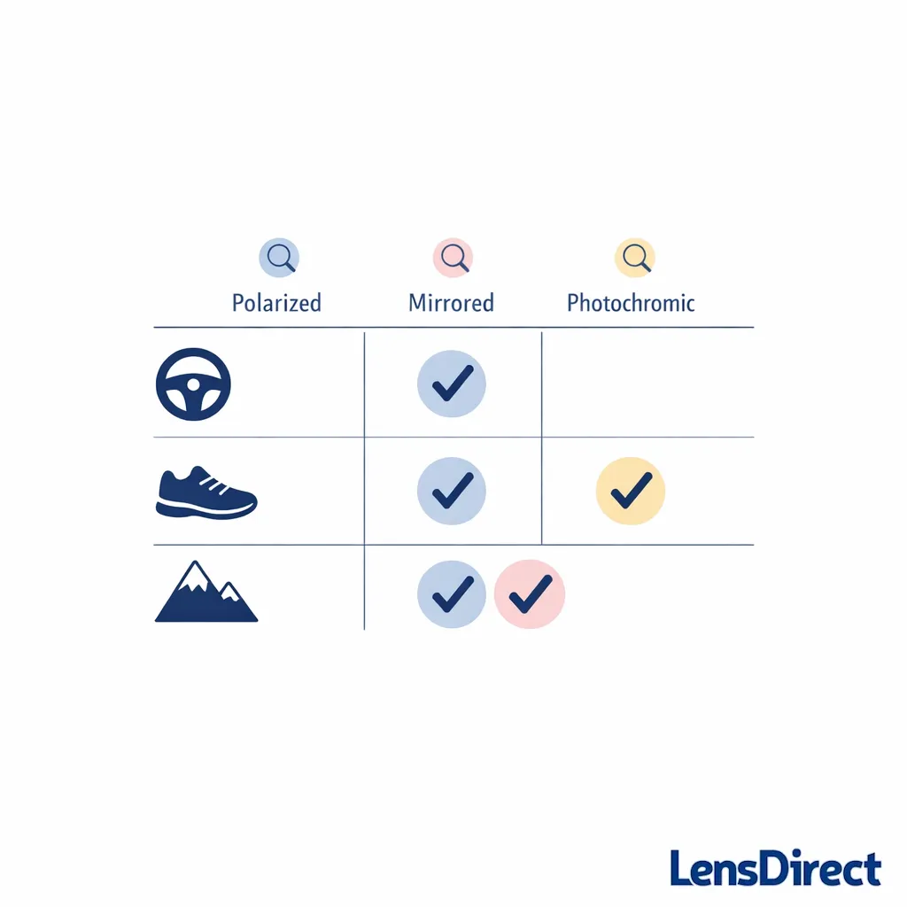 A three-row comparison pairs driving, sports, and snow icons with the best lens features using check marks.