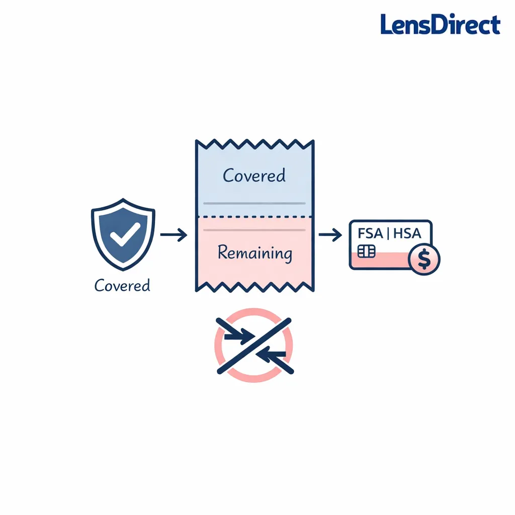 Diagram warning against claiming the same purchase twice by showing one receipt split into covered and remaining.