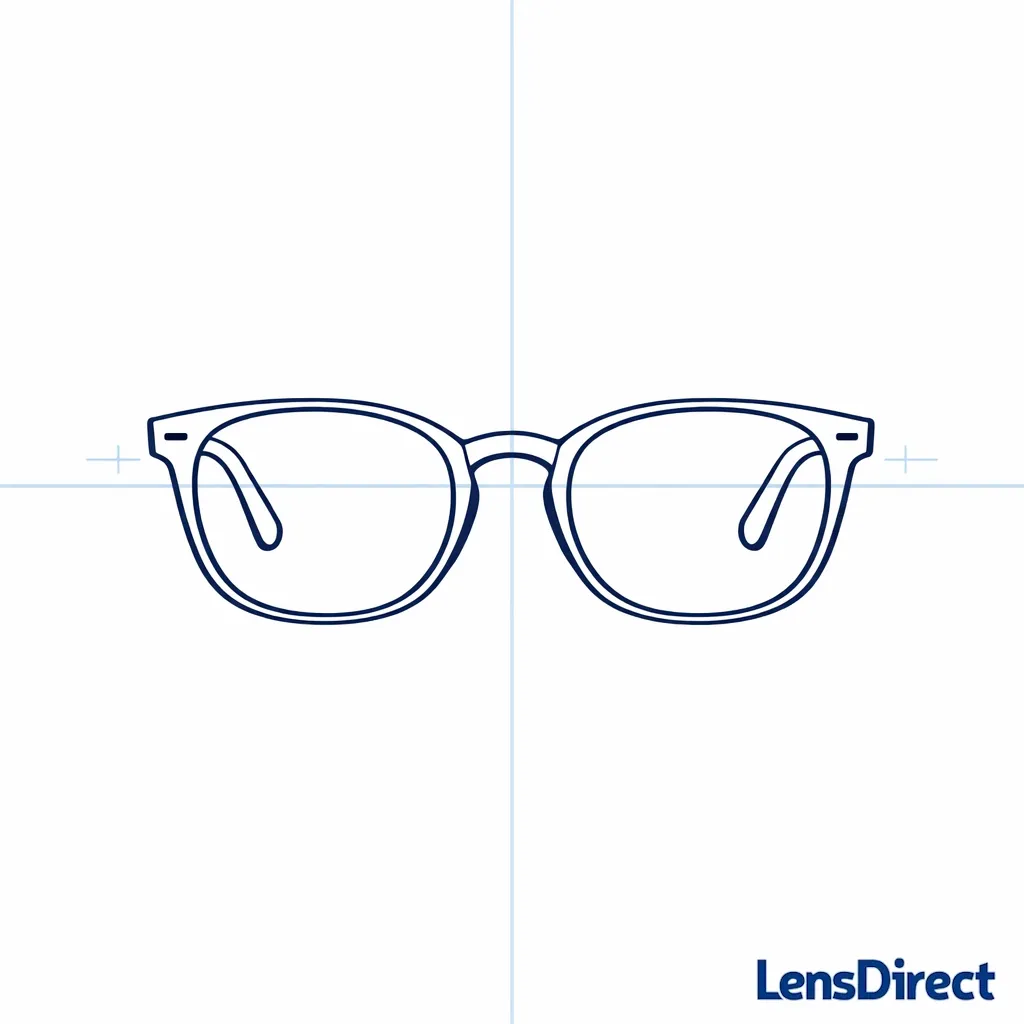 A front view shows lenses seated in the frame with alignment marks for even fit.