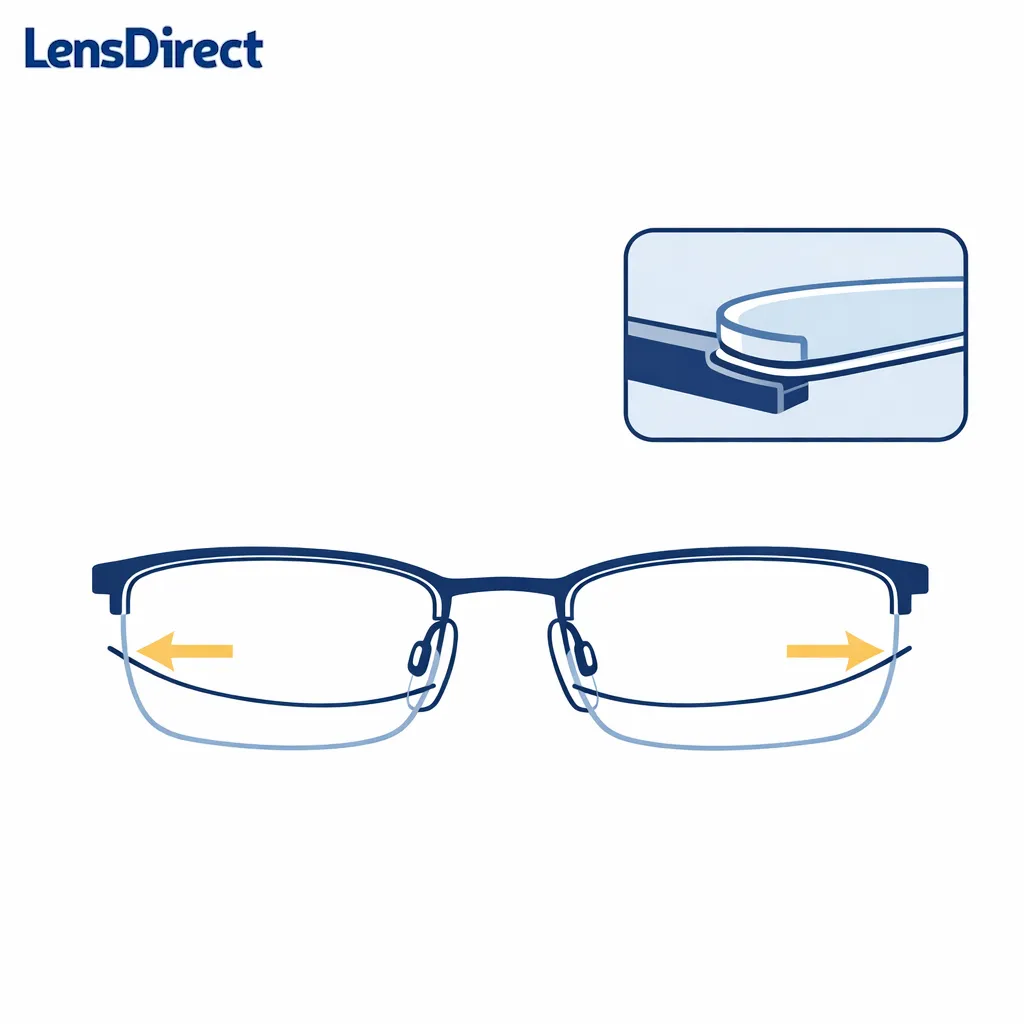 A semi-rimless frame diagram shows the nylon cord groove and the lens seating tension points.