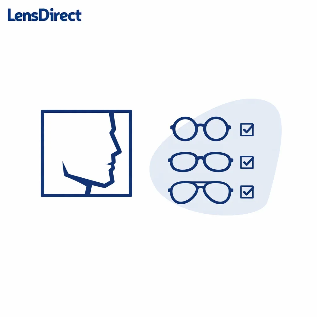 A square face icon is paired with three recommended frame shapes: round, oval, and softly curved aviator.