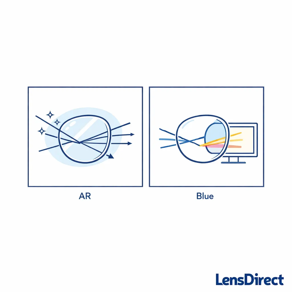 A split-panel illustration compares AR coating reducing reflections vs blue light lenses warming screen color.